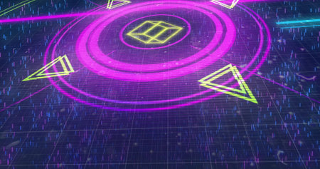 Image of colourful circular scanner over streaming data processing on black background. Data,...