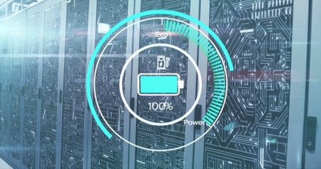Image of battery charge digital data processing over computer servers. Global connections, computing...