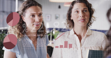 Image of financial data processing over diverse business people in office. Global finance, business, connections, computing and data processing concept digitally generated image.の写真素材