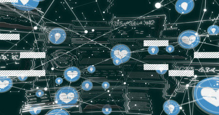Image of network of connections with icons and data processing over screens. Global connections,...