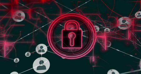 Image of padlock, network of connections with icons and data processing over screens. Global...