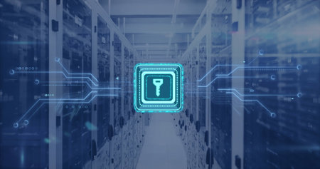 Image of key icon, circuit board and data processing over computer servers. Global connections,...