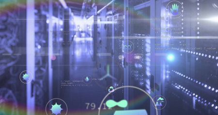 Image of eco icons and digital data processing over computer servers. Global connections, computing and data processing concept digitally generated image.の写真素材