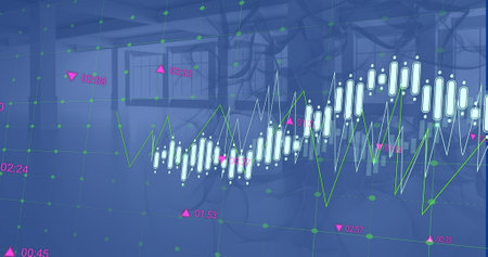 Image of financial data processing over empty office. Global finance, business, connections,...
