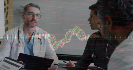 Image of financial data processing over diverse doctors in hospital. Global medicine, healthcare, connections, computing and data processing concept digitally generated image.の写真素材