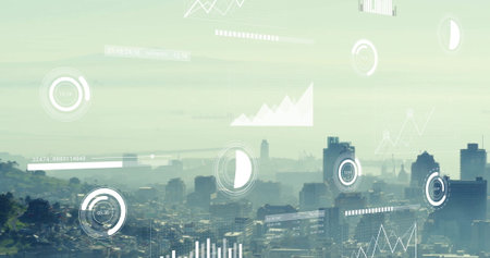 Image of financial data processing over cityscape. Global finance, business, connections, computing...