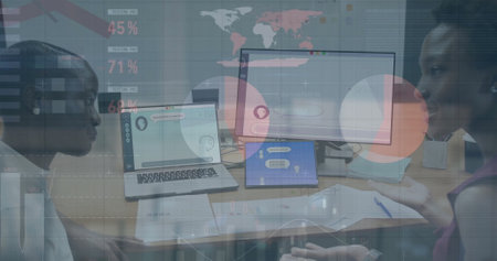 Image of financial data processing over diverse business people in office. Global finance, business,...