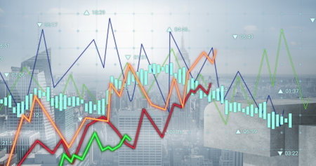 Image of graphs processing data over cityscape. Data, digital interface, connection, processing, finance, business and communication, digitally generated image.の写真素材