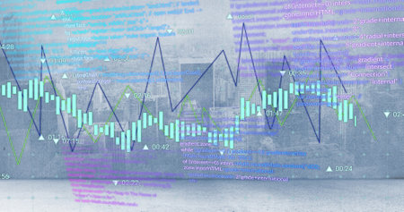 Image of charts and processing data over cloudy cityscape. Data, digital interface, connection,...