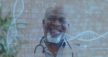 Image of data processing and dna strands over african american male doctor working in hospital. Global medicine, healthcare, computing and digital interface concept digitally generated image.の写真素材