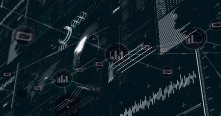 Image of network of connections with icons and data processing over screens. Global connections,...
