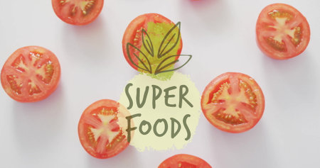 Super foods text image over sliced tomatoes on white background. Health, nutrition, diet, fresh, organic, vegetablesの写真素材