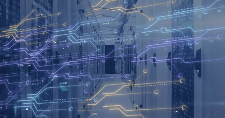 Image of circuit board and data processing over computer servers. Global connections, computing and...