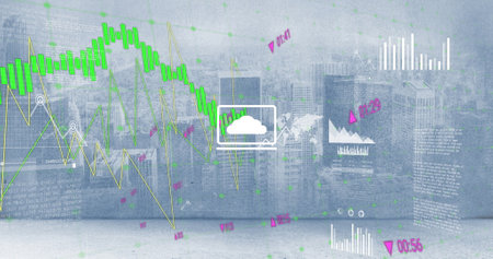 Image of graphs and charts processing data over cloudy cityscape. Data, digital interface, connection, processing, finance, business and communication, digitally generated image.の写真素材