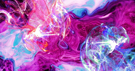Image of colourful shapes moving on black background. Technology, colours and digital interface...