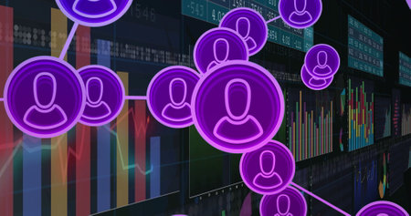 Network of user icons image over financial graphs and stock market data. Finance, technology, digital, economy, investment, communicationの写真素材