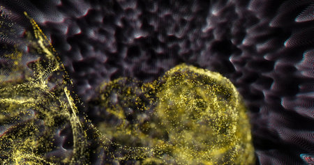 Image of glowing yellow mesh moving over dark background. Colour, shape, light and movement concept digitally generated image.の写真素材