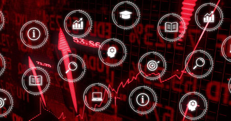 Financial data processing image over red stock market graph and icons. Finance, analytics, economy, investment, trading, analysisの写真素材