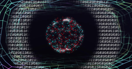 Image of binary coding data processing over connections on black background. Global connections, computing and data processing concept digitally generated image.の写真素材
