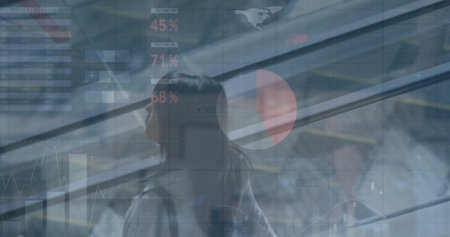 Image of financial data processing over diverse business people in office. Global finance, business,...