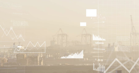 Image of financial data processing over cityscape. Global finance, business, connections, computing and data processing concept digitally generated image.の写真素材