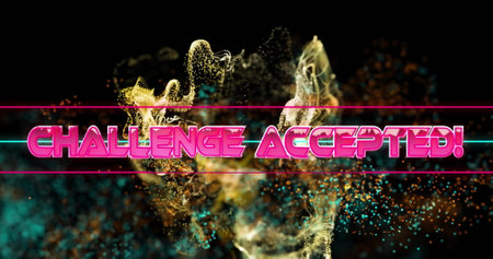 Image of challenge accepted text over neon pattern background. Global image game, digital interface,...