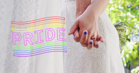 Image of rainbow pride text over diverse female married couple holding hands. Pride, lifestyle and celebration concept digitally generated image.の写真素材