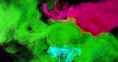 Image of glowing pink and blue mesh moving over waving green and pink background. Colour, shape,...