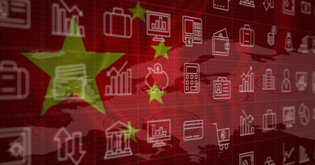 Image of business icons and financial data processing over flag of china. Global finance, business, connections, computing and data processing concept digitally generated image.の写真素材