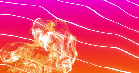 Image of glowing orange mesh moving over white lines on pink background. Colour, shape, light and...