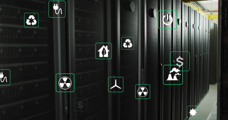 Image of eco icons and data processing over computer servers. Global finance, business, connections,...