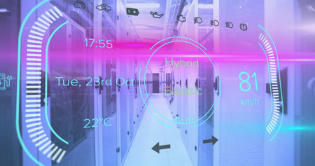 Image of electric car digital data processing over computer servers. Global connections, computing...