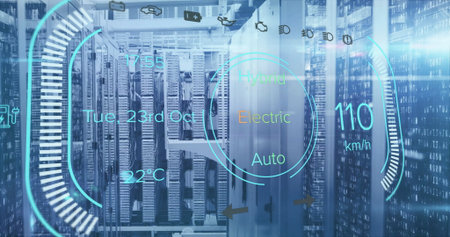 Image of electric car charge digital data processing over computer servers. Global connections,...