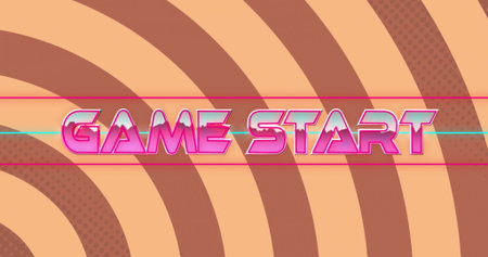 Image of game start text over circles on orange background. Communication, social media, shapes and...