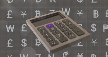 Image of currency symbols and calculator on grey background. Global finance, business, connections, computing and data processing concept digitally generated image.の写真素材