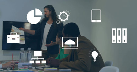 Image of data processing over diverse business people in office