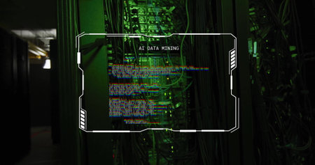 Data processing image over server room with green lighting