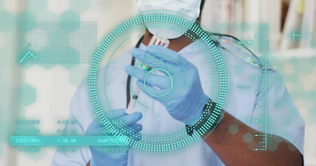 Image of scope scanning and data processing over african american male doctor in hospitalの写真素材