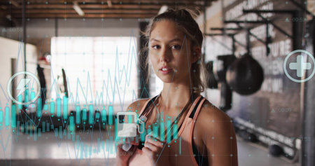 Fitness data and health monitoring image over woman in gym