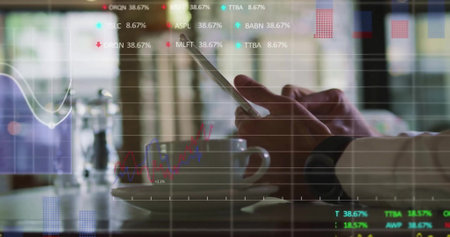 Image of financial data processing over caucasian sman using tablet
