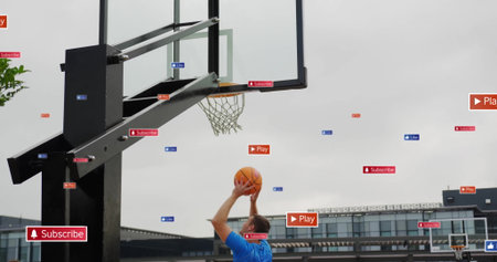 Image of social media icons with texts over caucasian male basketball player