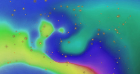Image of yellow light spots over colourful shapes on blue background