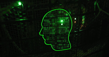 Binary code and digital data processing image over human head silhouette in greenの写真素材