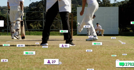 Image of social media icons with growing numbers over diverse male cricket players