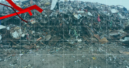 Image of red line and financial data processing over wastelandの写真素材