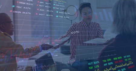 Image of financial data processing over diverse colleagues having meeting in officeの写真素材