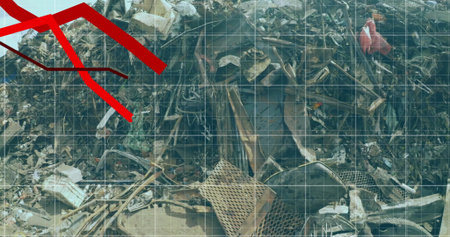 Image of red line and financial data processing over wasteland