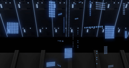 Image of digital data processing and circuit board over computer servers