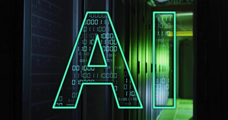 AI text image over binary code and server racksの写真素材