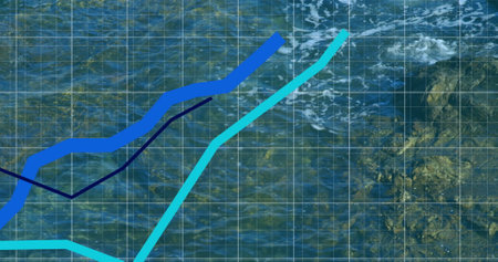 Image of lines and financial data processing over seascapeの写真素材